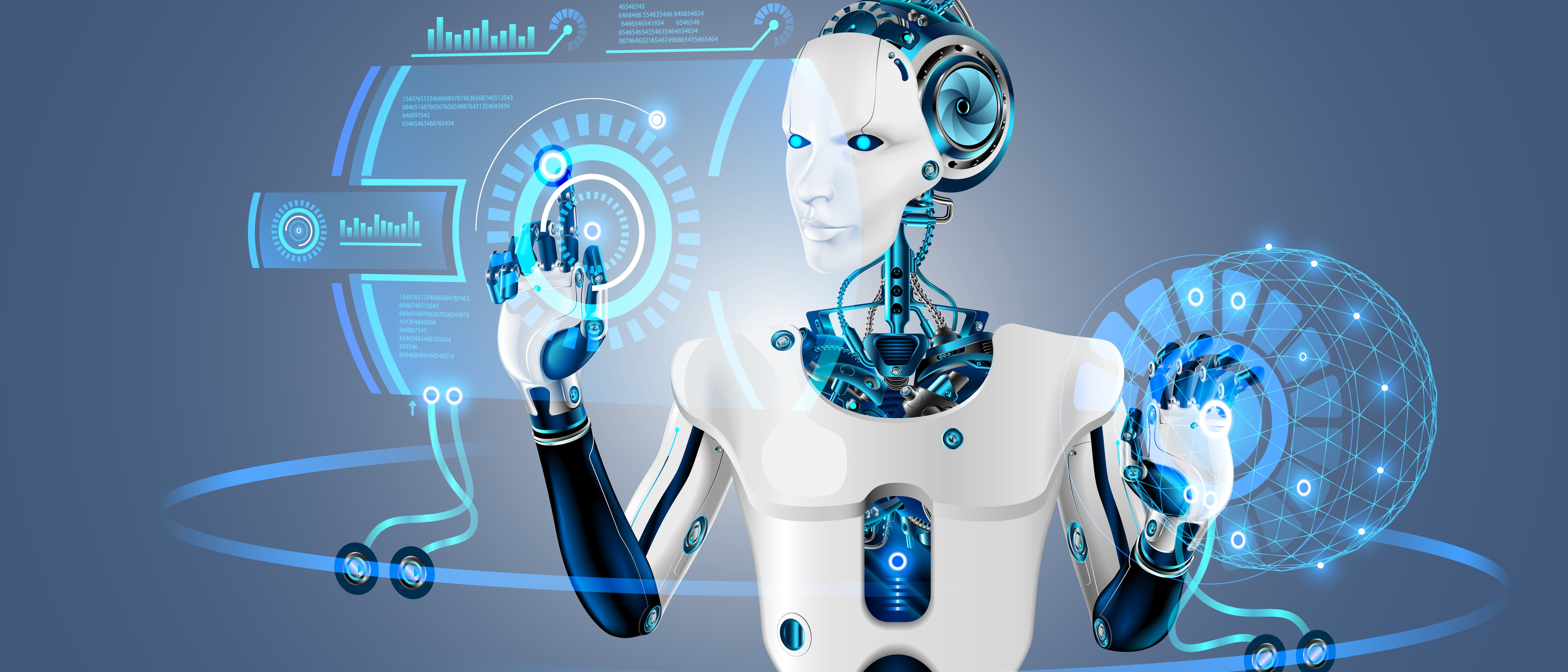 A humanoid robot with blue accents interacts with a holographic interface, displaying futuristic graphs and data